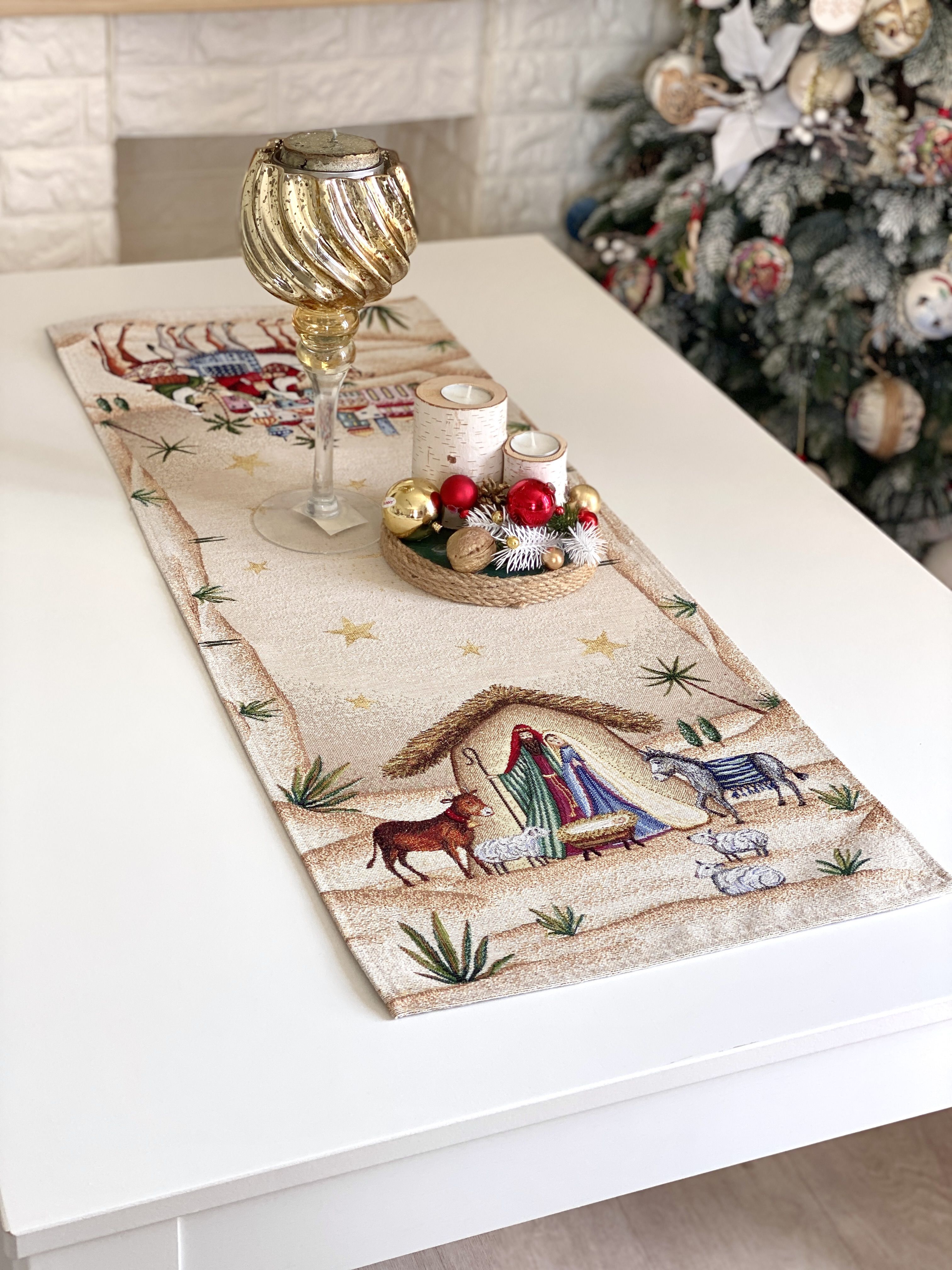 Christmas Table Runner  «Adara» with Golden Lurex - Luxury Tapestry - Textile4Family