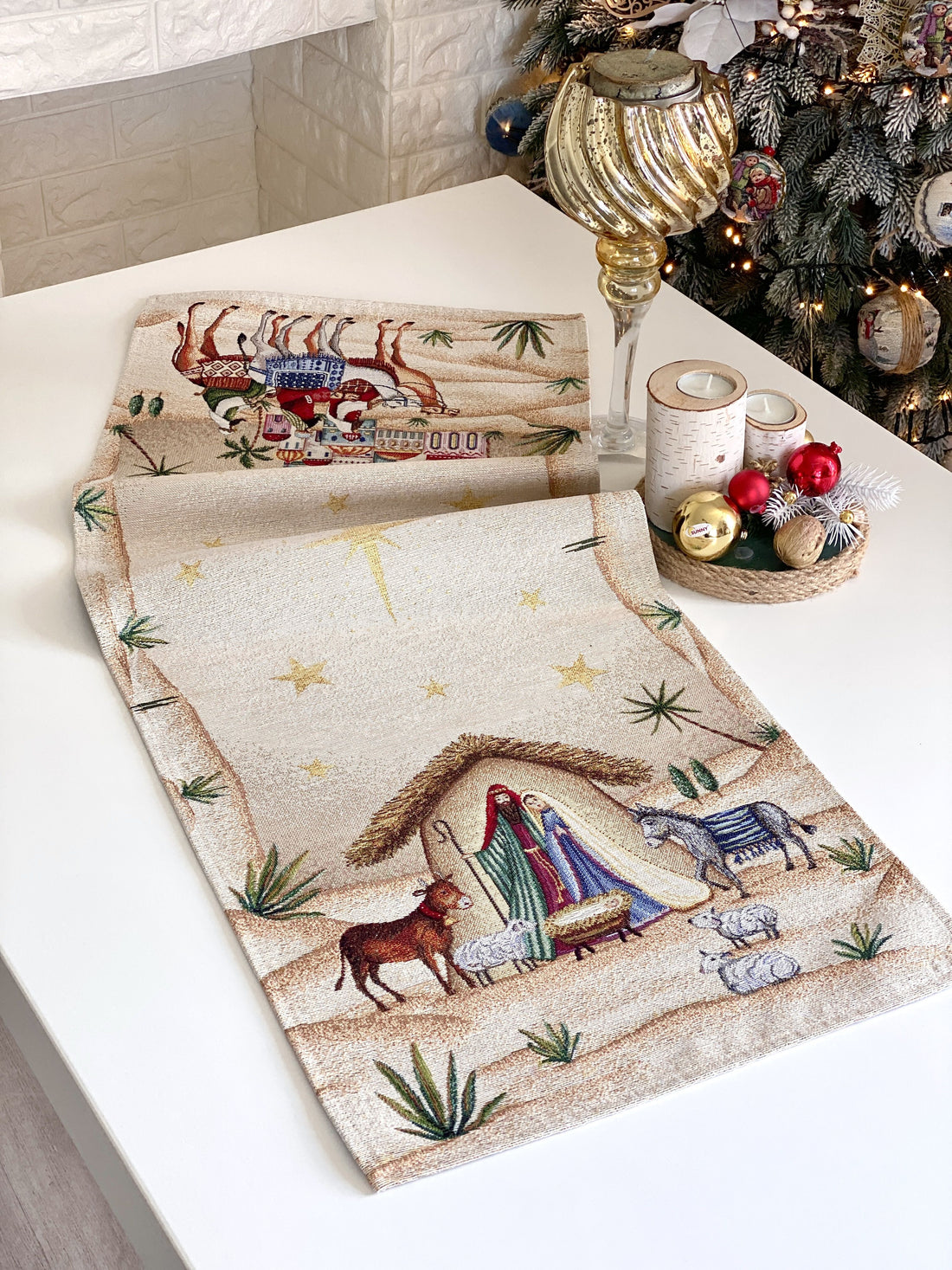 Christmas Table Runner  «Adara» with Golden Lurex - Luxury Tapestry - Textile4Family