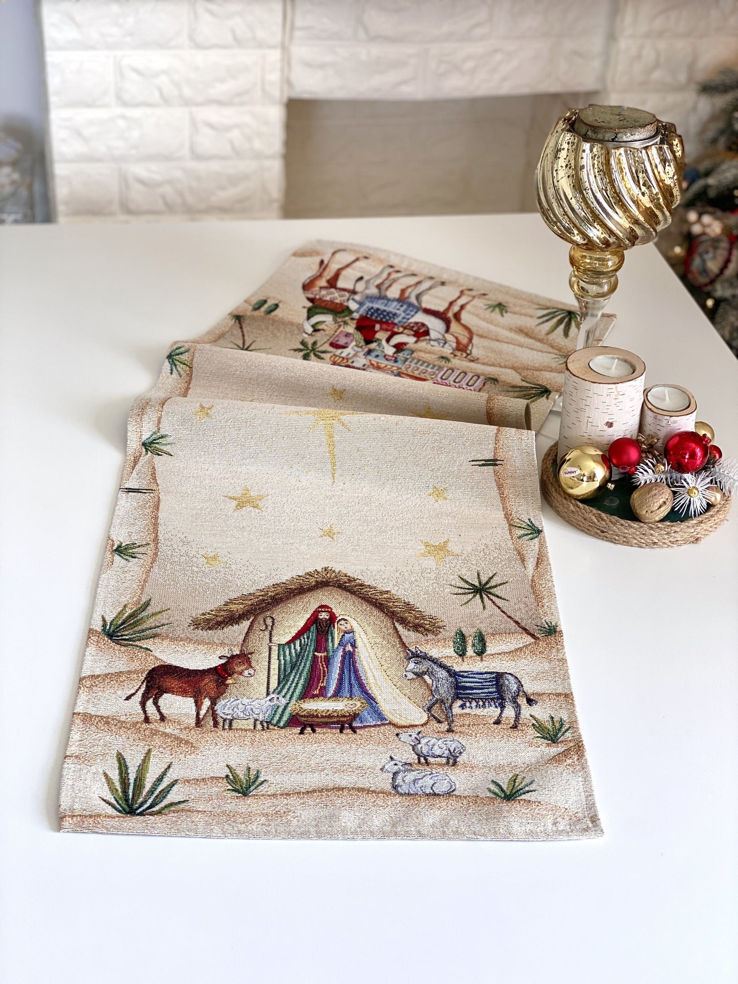 Christmas Table Runner  «Adara» with Golden Lurex - Luxury Tapestry