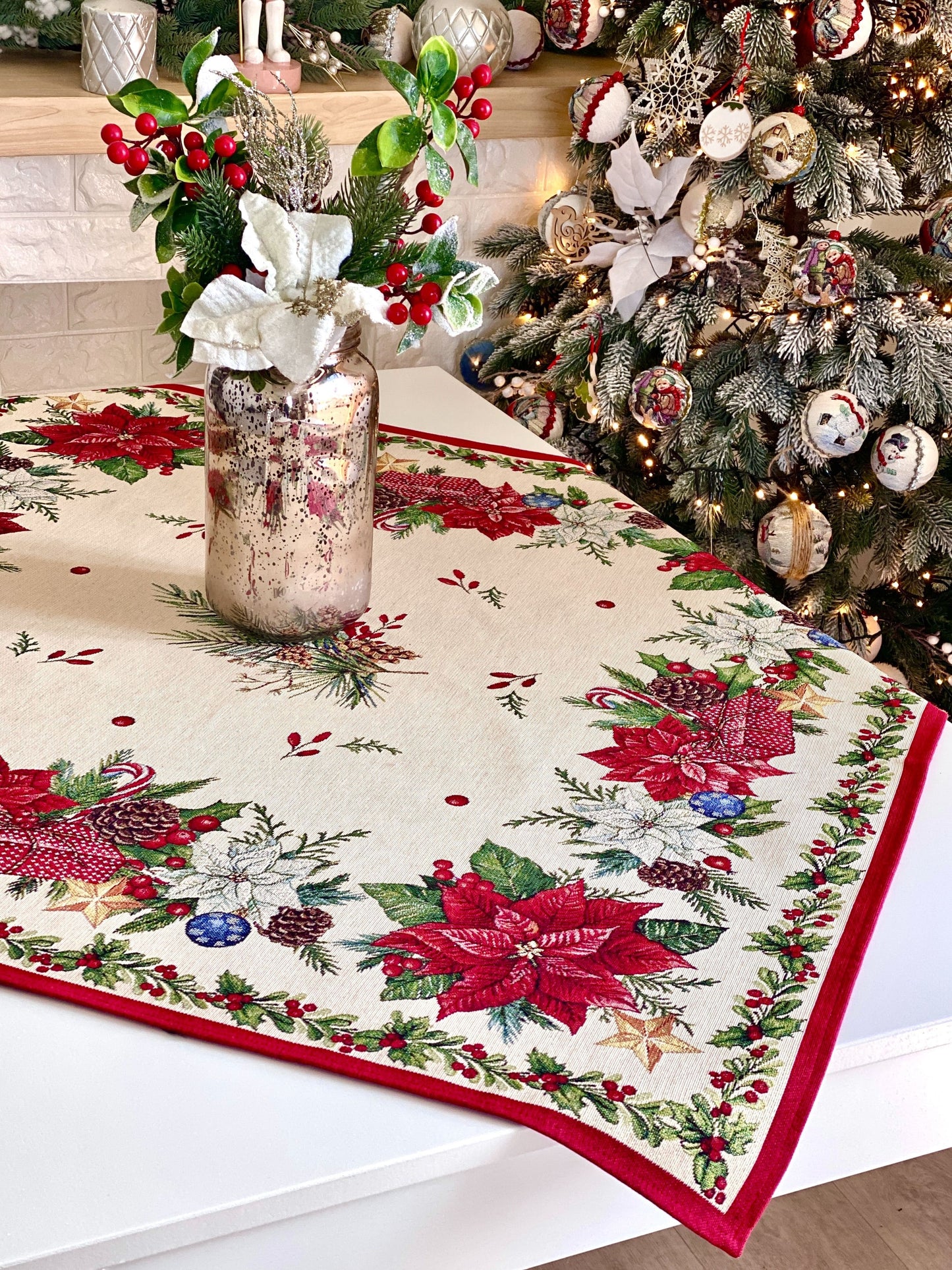 Christmas Tablecloth «Red Poinsettia» with Golden Lurex - Luxury Tapestry