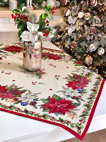 Christmas Tablecloth «Red Poinsettia» with Golden Lurex - Luxury Tapestry