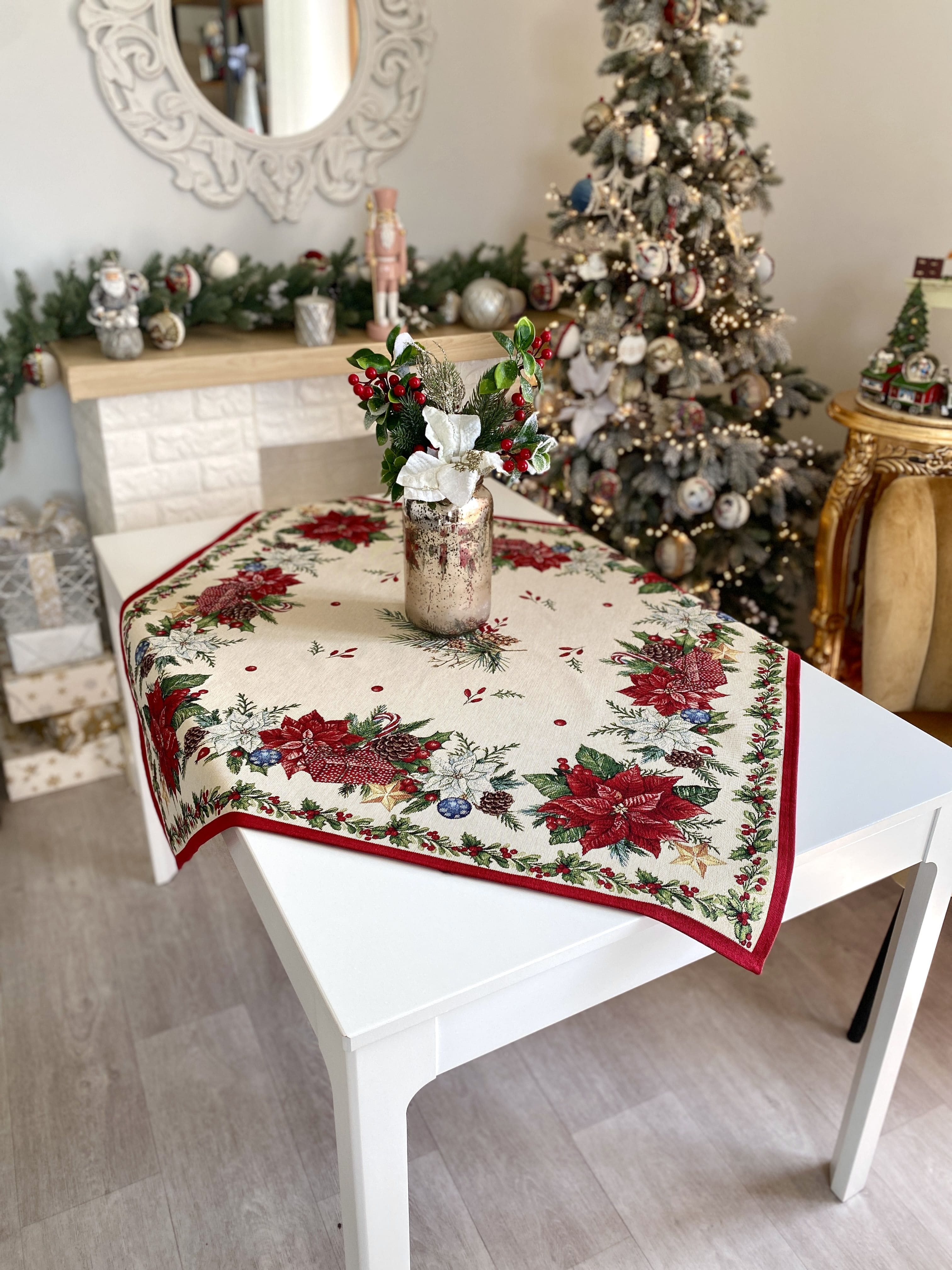 Christmas Tablecloth «Red Poinsettia» with Golden Lurex - Luxury Tapestry - Textile4Family
