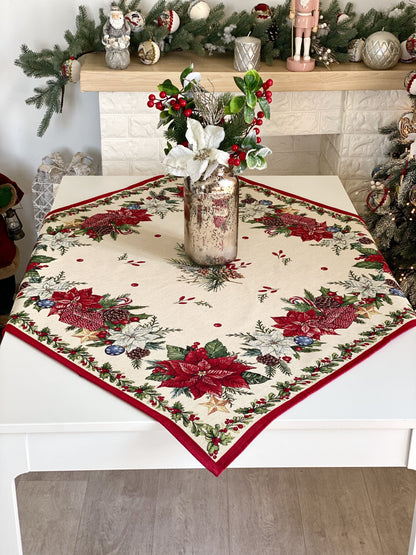 Christmas Tablecloth «Red Poinsettia» with Golden Lurex - Luxury Tapestry