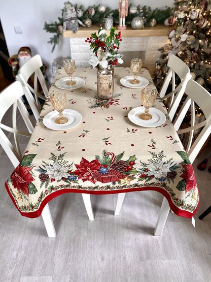 Christmas Tablecloth «Red Poinsettia» with Golden Lurex - Luxury Tapestry
