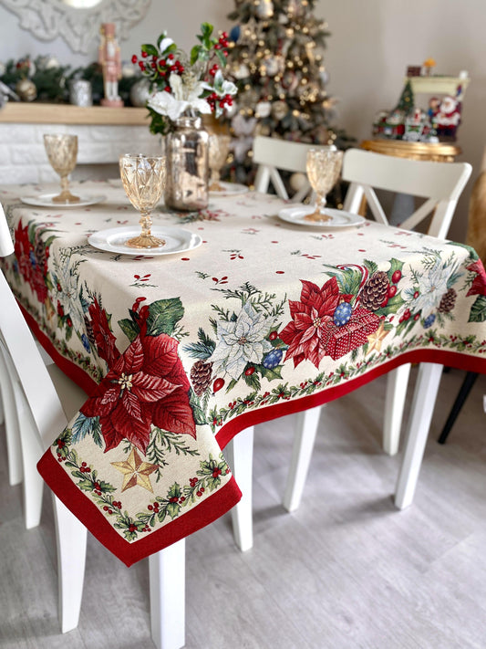 Christmas Tablecloth «Red Poinsettia» with Golden Lurex - Luxury Tapestry