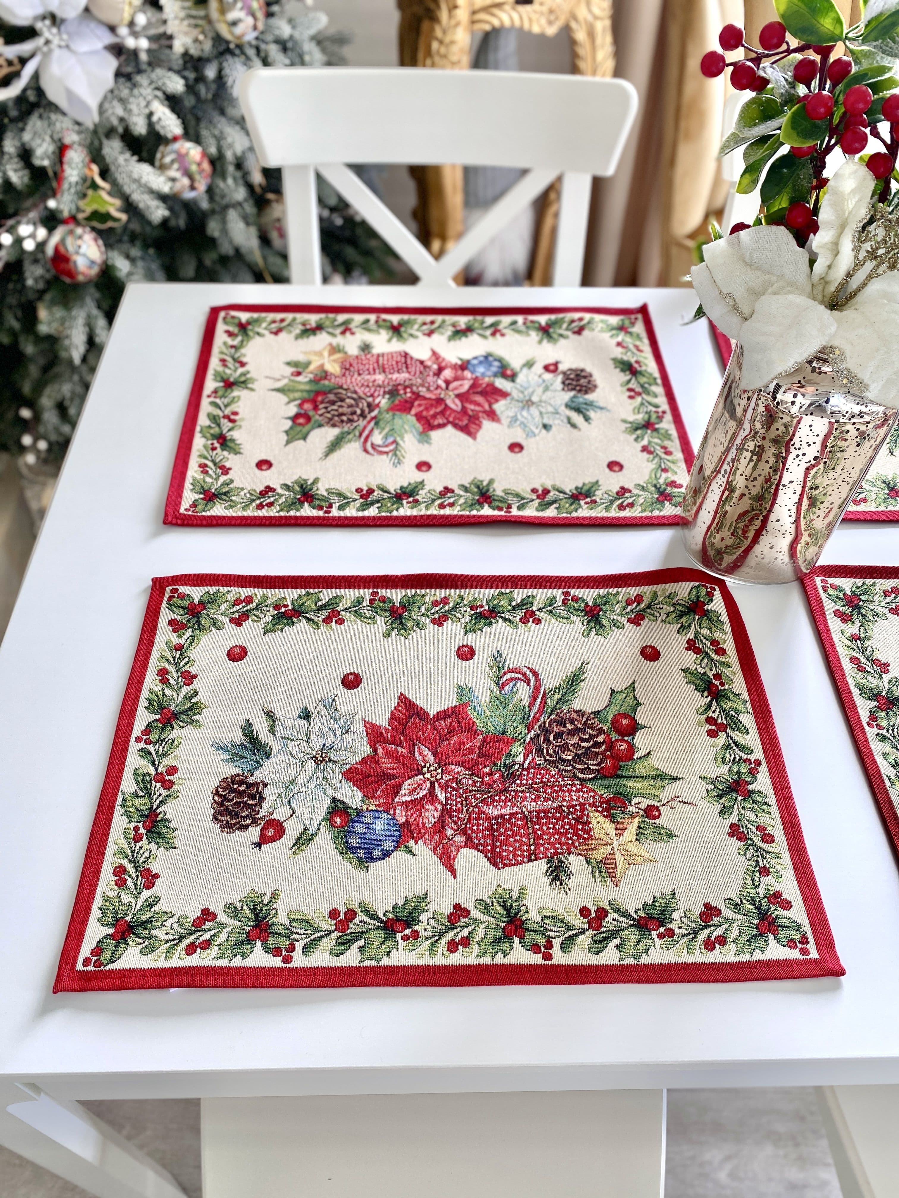 Christmas Placemat set «Red Poinsettia» with Golden Lurex - Luxury Tapestry - Textile4Family