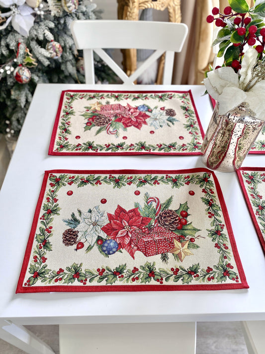 Christmas Placemat set «Red Poinsettia» with Golden Lurex - Luxury Tapestry