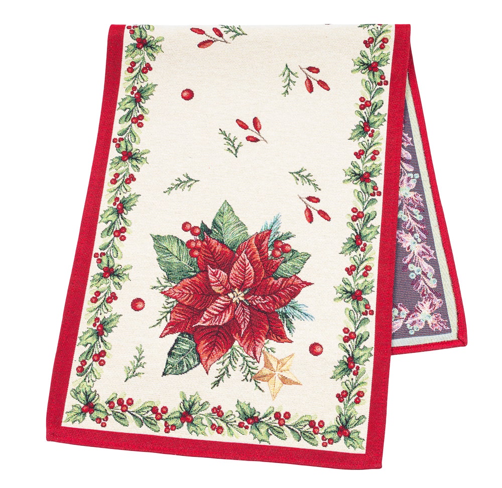 Christmas Table Runner  «Red Poinsettia» with Golden Lurex - Luxury Tapestry - Textile4Family