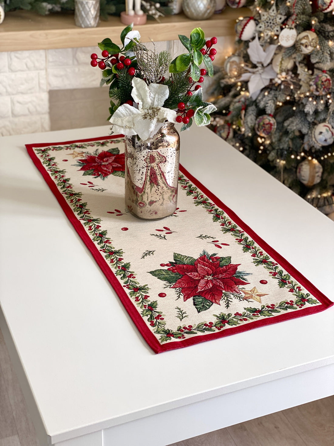 Christmas Table Runner  «Red Poinsettia» with Golden Lurex - Luxury Tapestry - Textile4Family