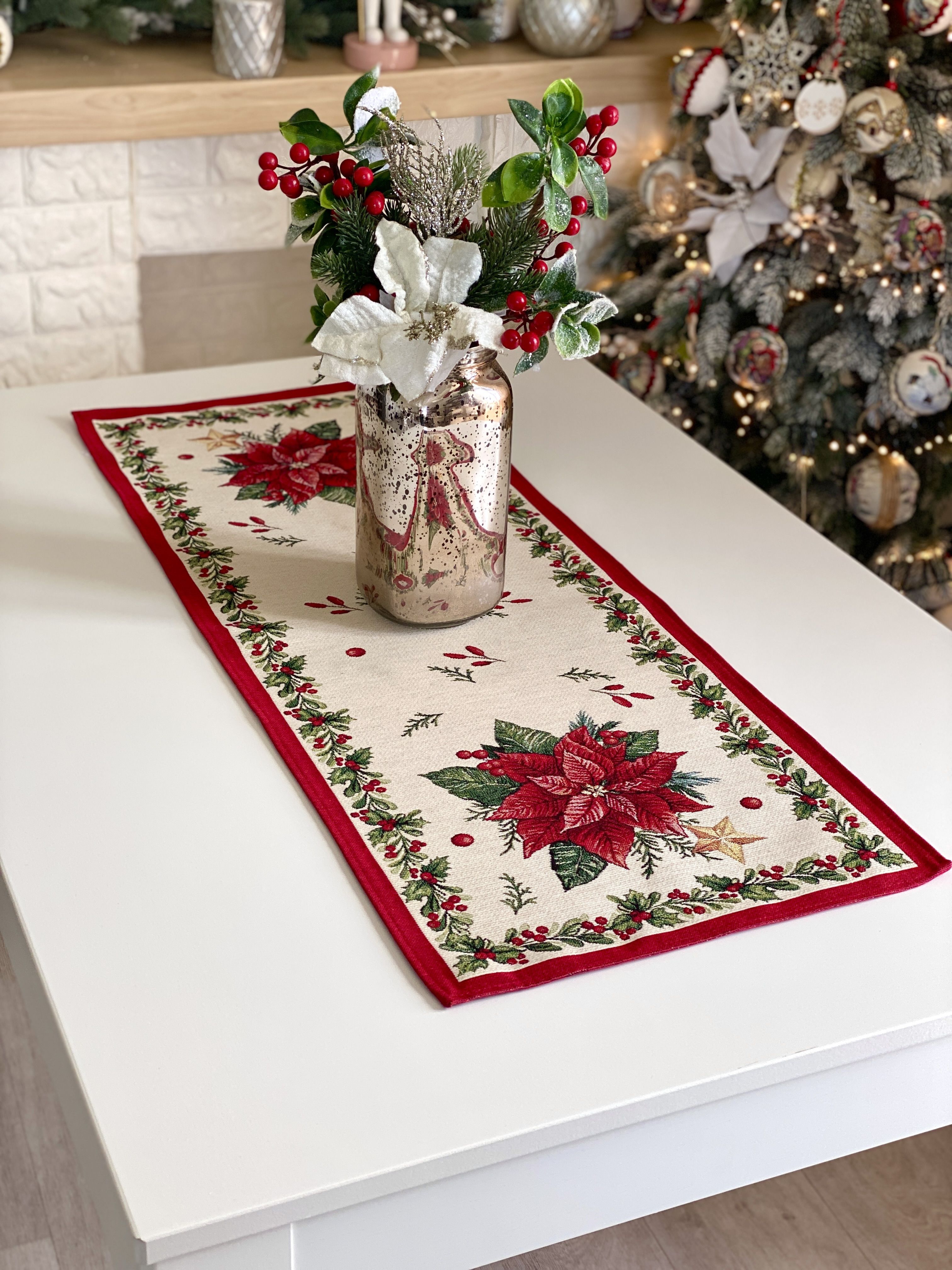 Christmas Table Runner  «Red Poinsettia» with Golden Lurex - Luxury Tapestry - Textile4Family