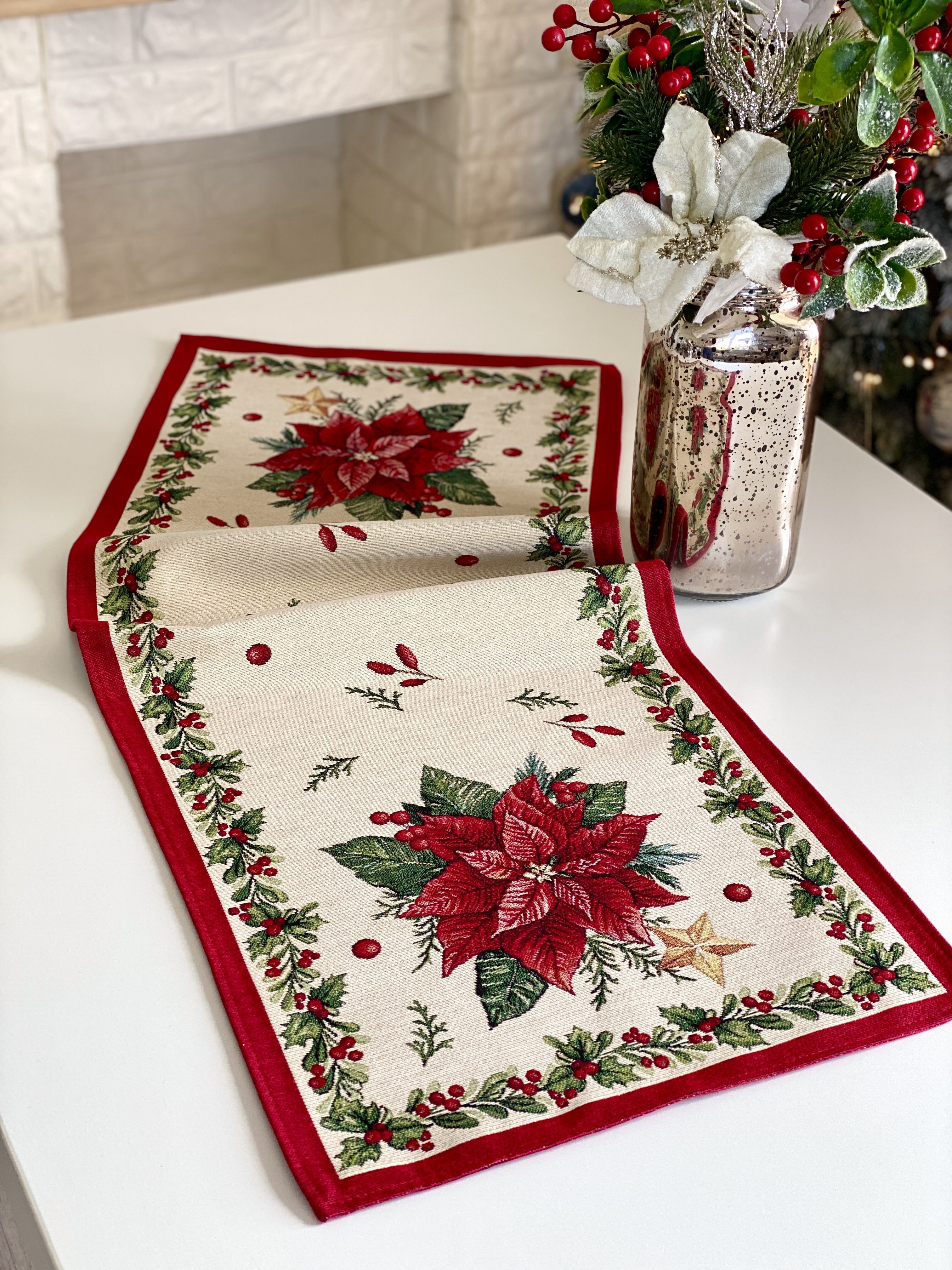Christmas Table Runner  «Red Poinsettia» with Golden Lurex - Luxury Tapestry - Textile4Family
