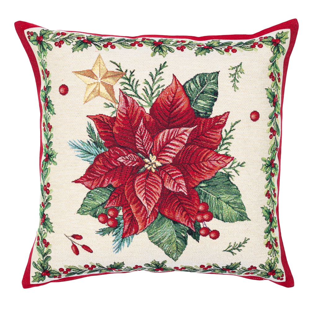 Christmas Pillow cover  «Red Poinsettia» with Golden Lurex - Luxury Tapestry