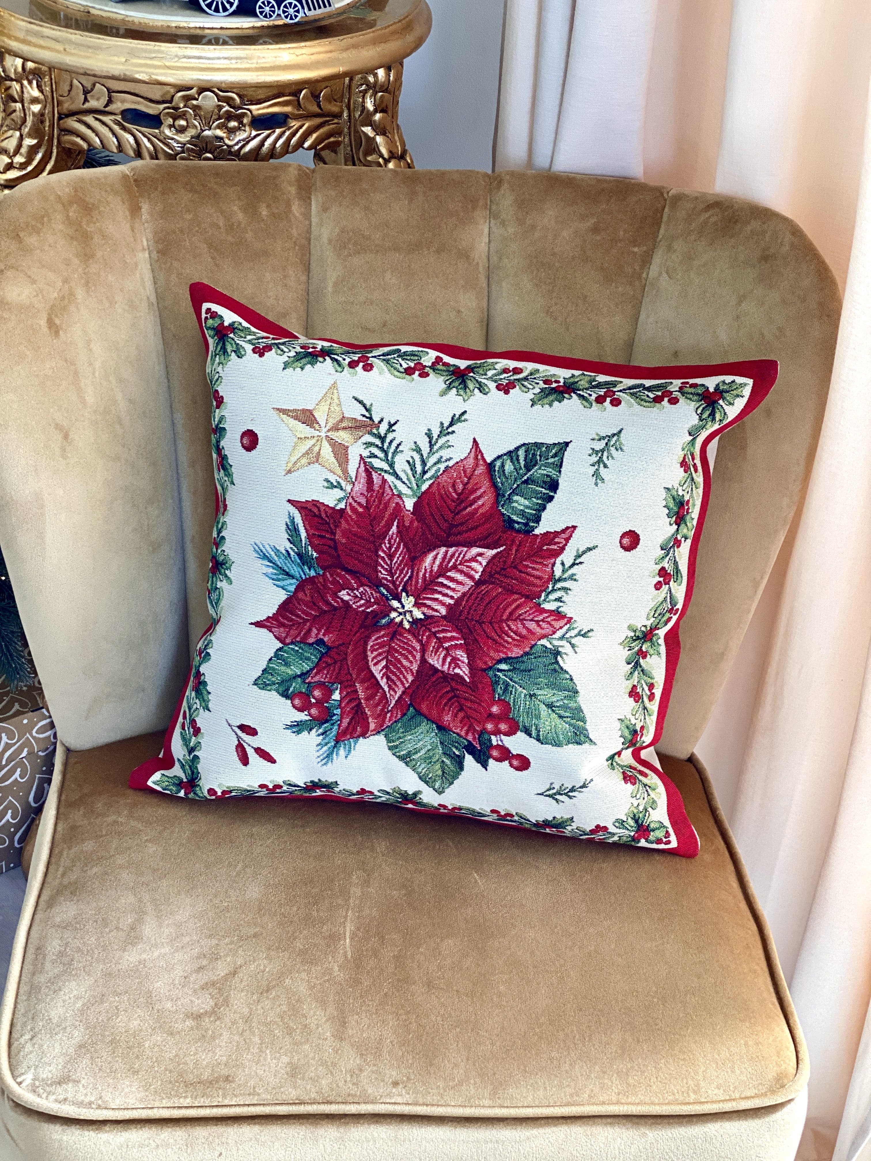 Christmas Pillow cover  «Red Poinsettia» with Golden Lurex - Luxury Tapestry - Textile4Family