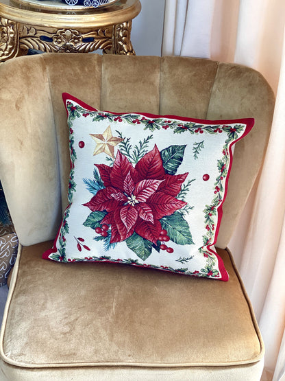 Christmas Pillow cover  «Red Poinsettia» with Golden Lurex - Luxury Tapestry