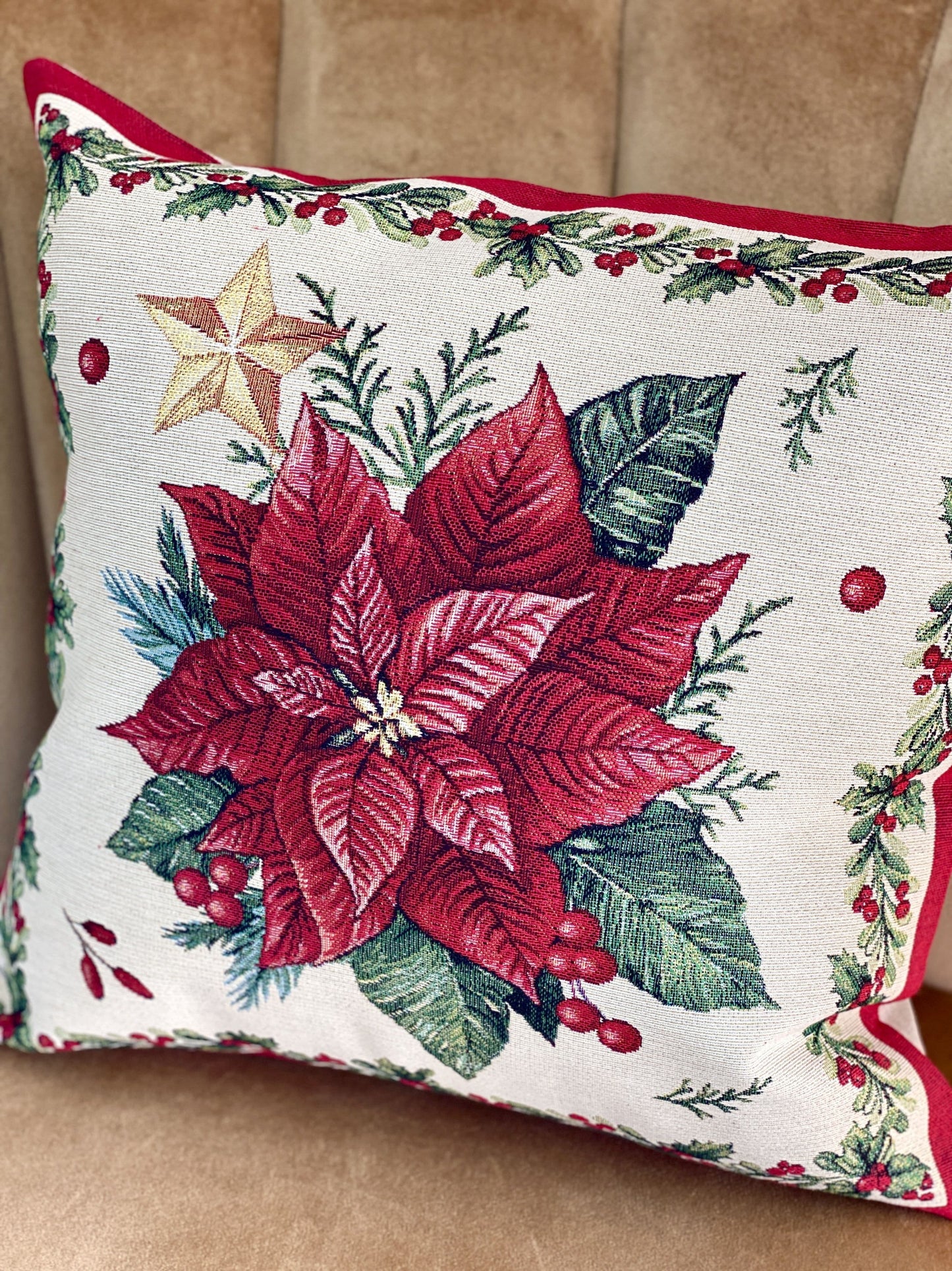 Christmas Pillow cover  «Red Poinsettia» with Golden Lurex - Luxury Tapestry