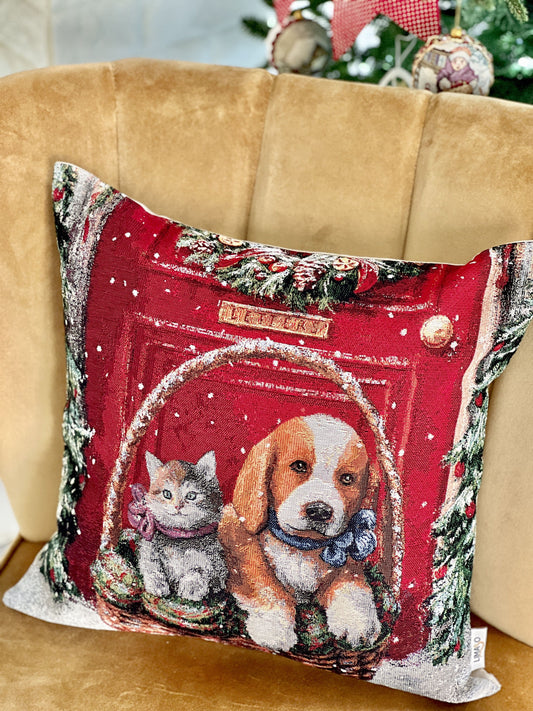 Winter Holiday tapestry cushion cover «Basket gift» without lurex