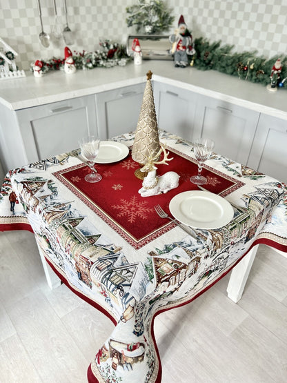 Christmas tapestry tablecloth «Snowy city» With microfibre