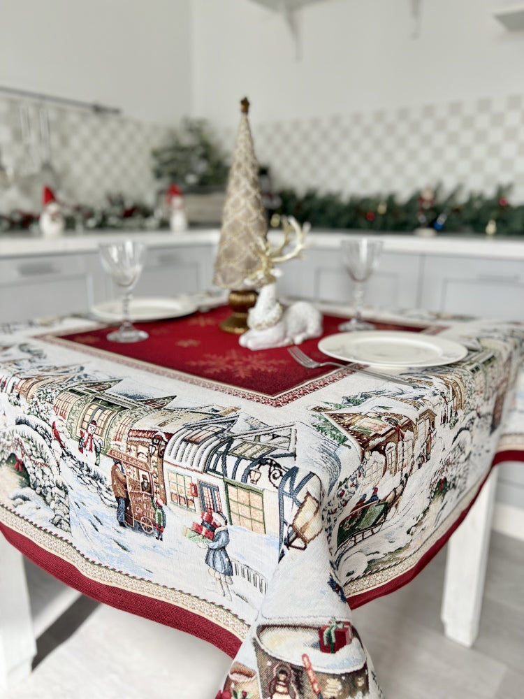 Christmas tapestry tablecloth «Snowy city» With microfibre