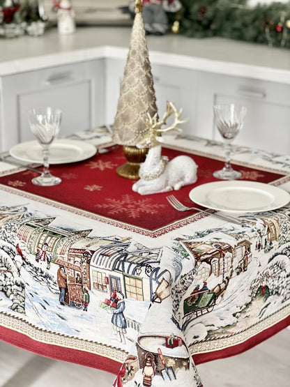 Christmas tapestry tablecloth «Snowy city» With microfibre