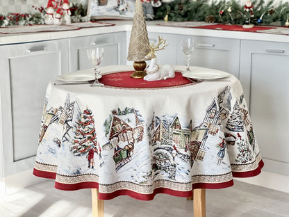 Round Christmas tapestry tablecloth «Snowy city» With microfibre