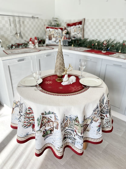 Round Christmas tapestry tablecloth «Snowy city» With microfibre