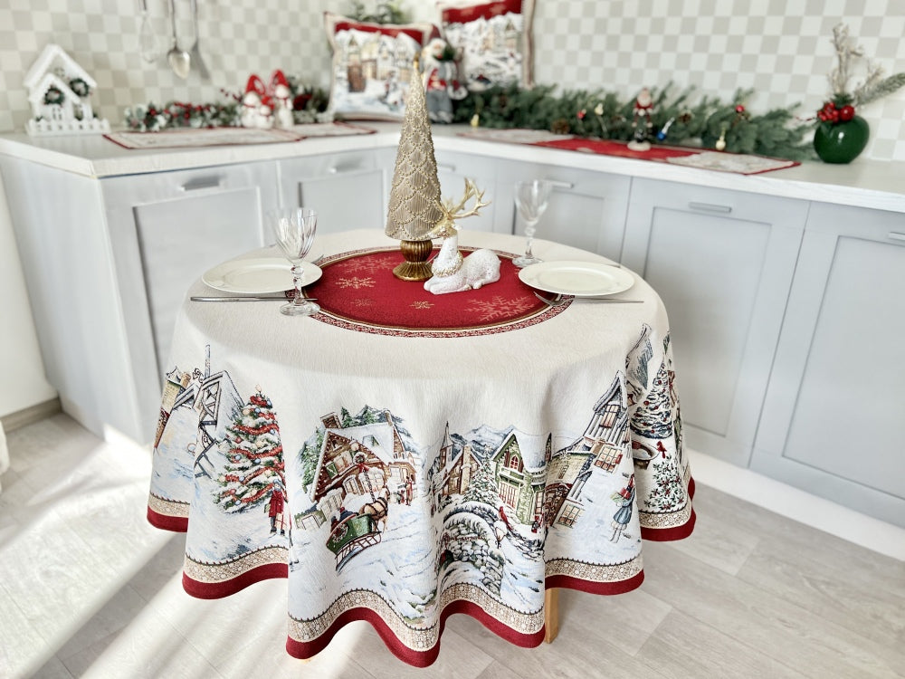 Round Christmas tapestry tablecloth «Snowy city» With microfibre