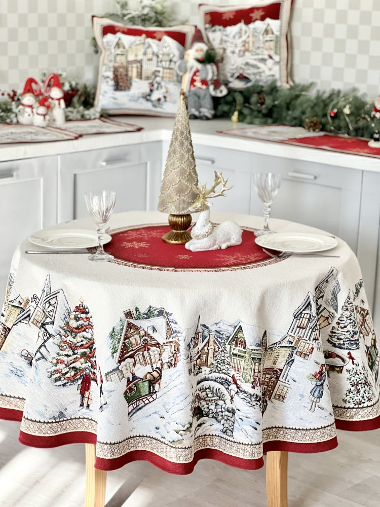 Round Christmas tapestry tablecloth «Snowy city» With microfibre