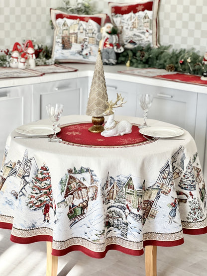 Round Christmas tapestry tablecloth «Snowy city» With microfibre