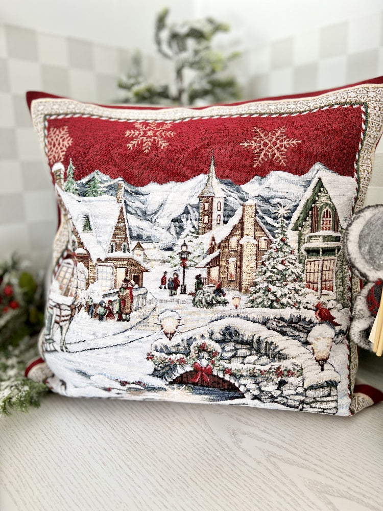 Winter Holiday tapestry cushion cover «Snowy city» With microfibre