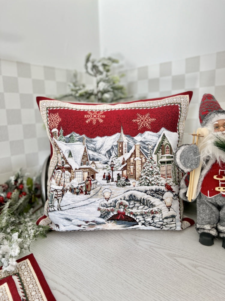 Winter Holiday tapestry cushion cover «Snowy city» With microfibre