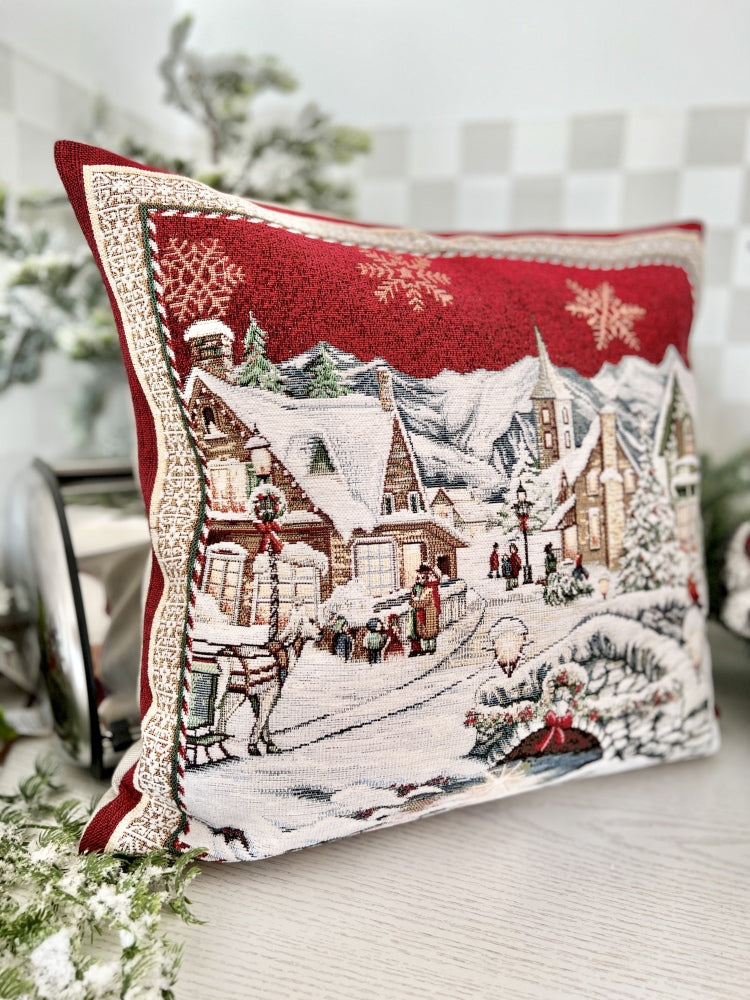 Winter Holiday tapestry cushion cover «Snowy city» With microfibre