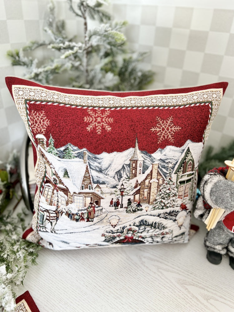 Winter Holiday tapestry cushion cover «Snowy city» With microfibre