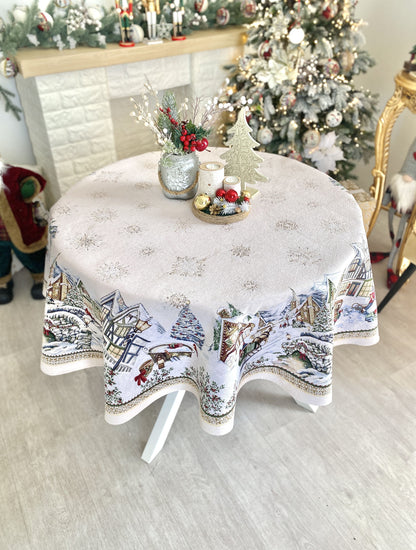 Round Christmas tablecloth «Festive mood» With microfibre & silver lurex