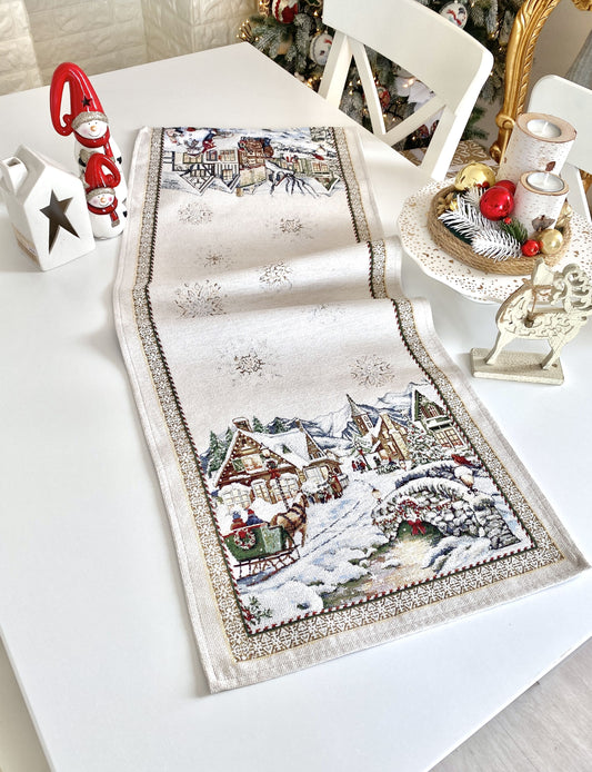 Christmas Tapestry Table runner «Festive mood» With microfibre & silver lurex