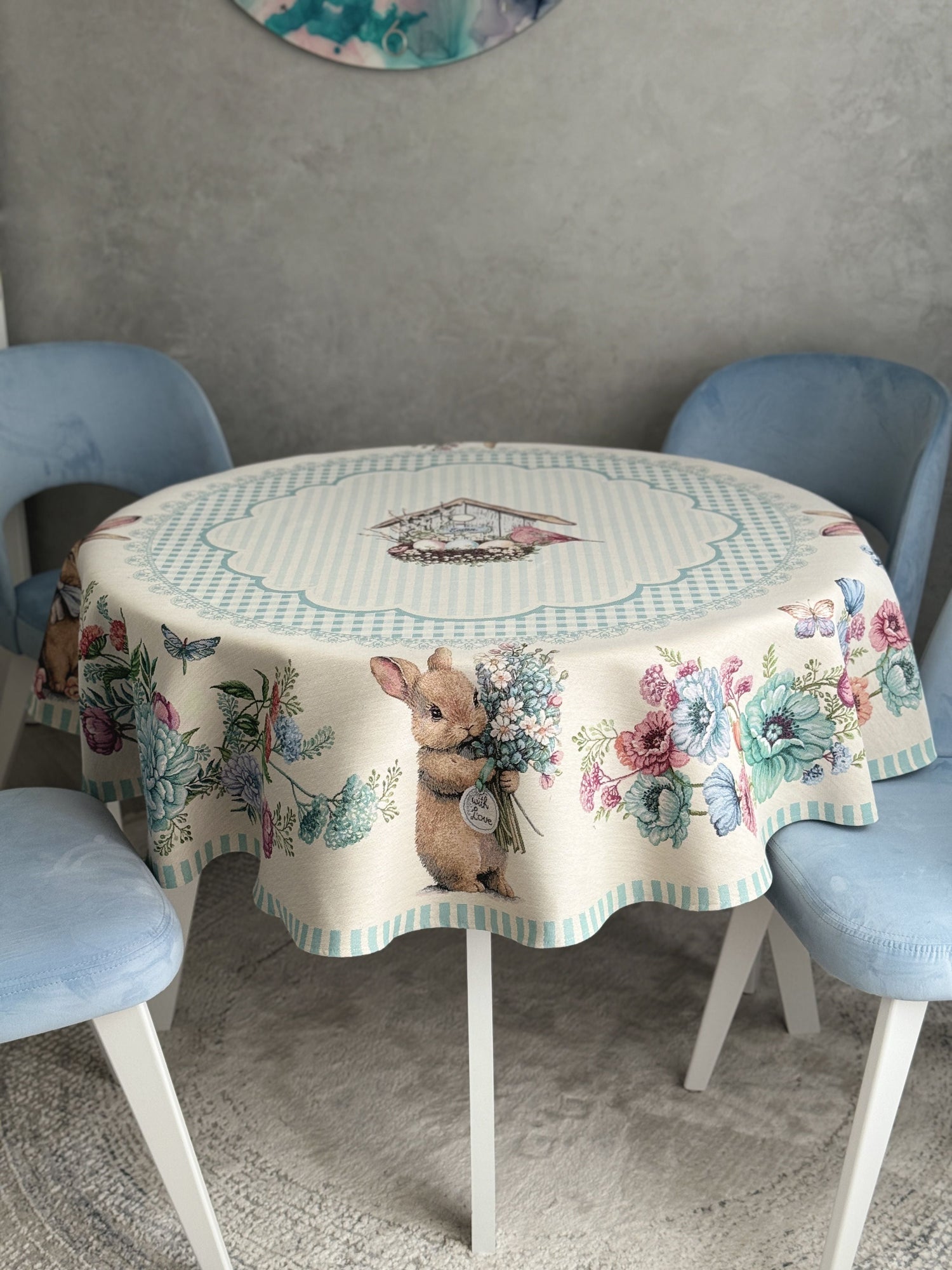 Round Easter tapestry tablecloth «Blue Bunnies» Limaso Textile