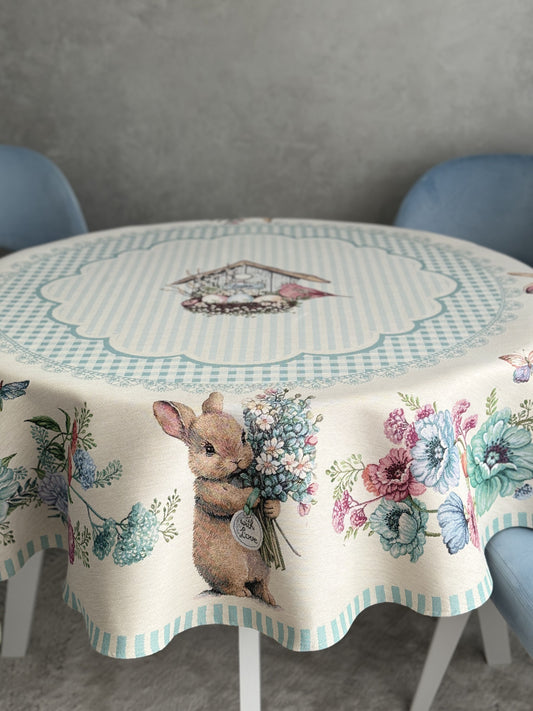 Round Easter tapestry tablecloth «Blue Bunnies»