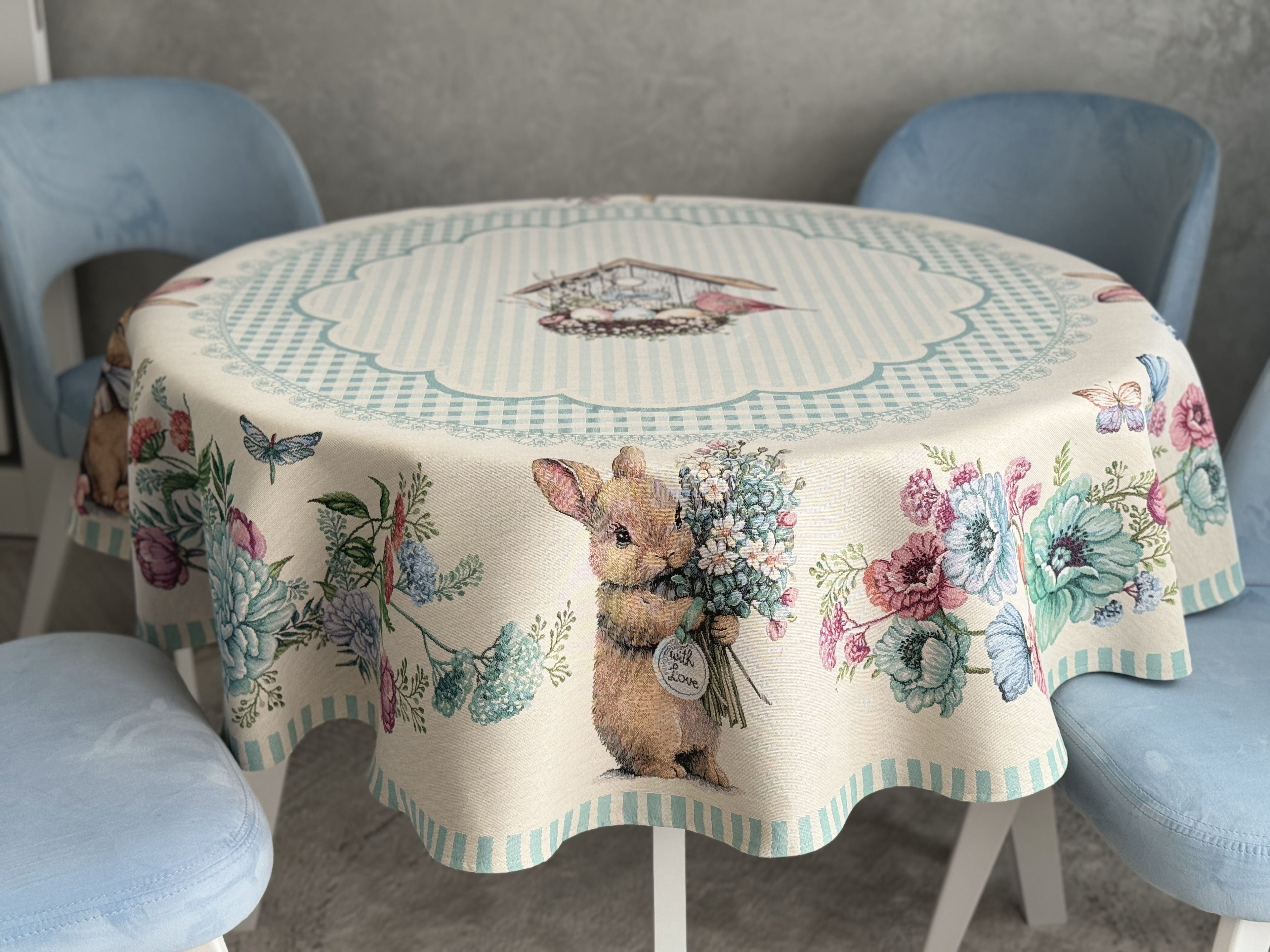 Round Easter tapestry tablecloth «Blue Bunnies» Limaso Textile