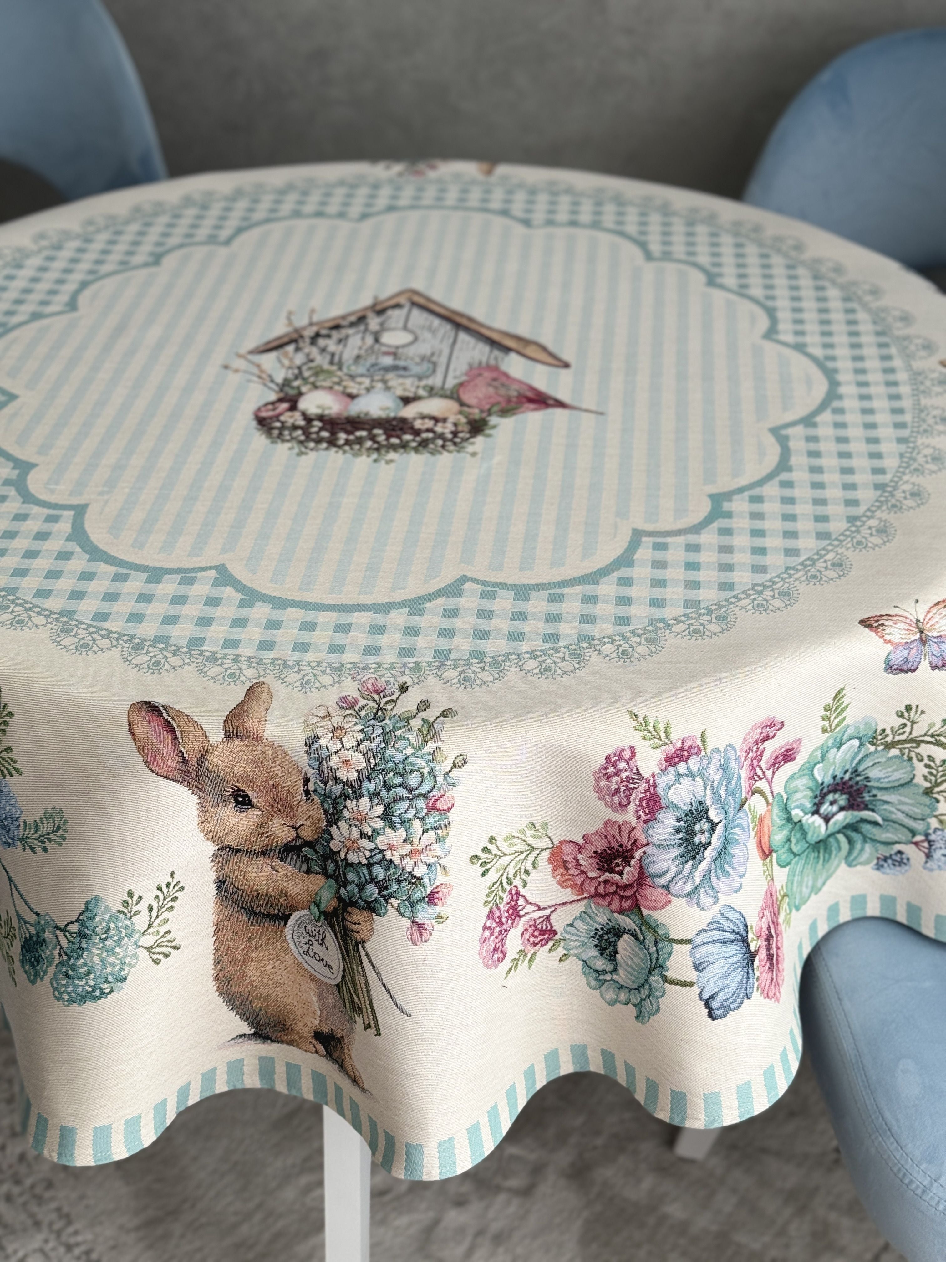 Round Easter tapestry tablecloth «Blue Bunnies» Limaso Textile