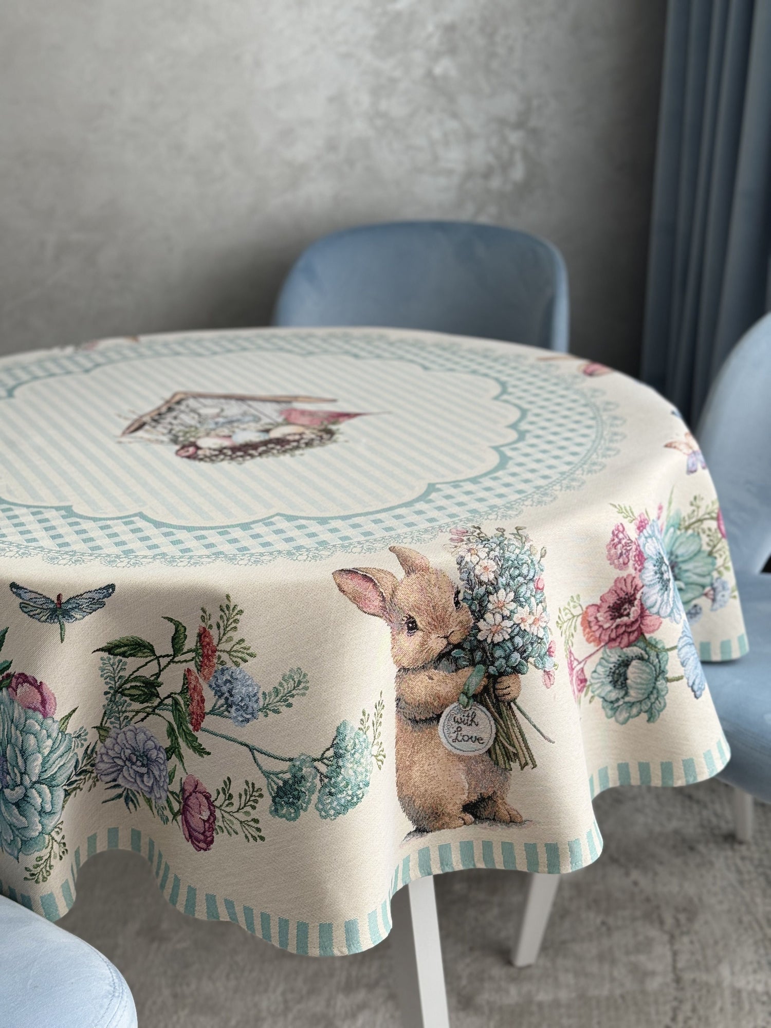 Round Easter tapestry tablecloth «Blue Bunnies» Limaso Textile