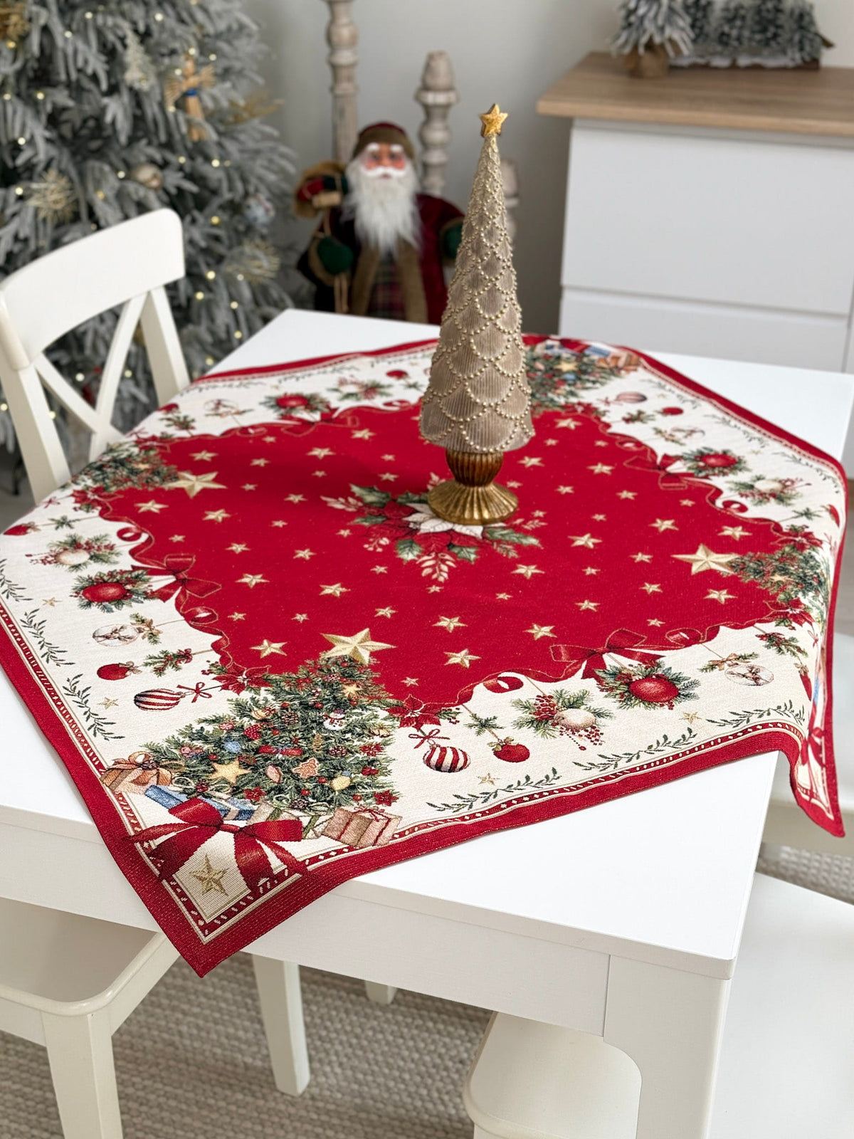 Winter Holiday Tablecloth «Red &amp; Gold» with golden thread - High quality tapestry