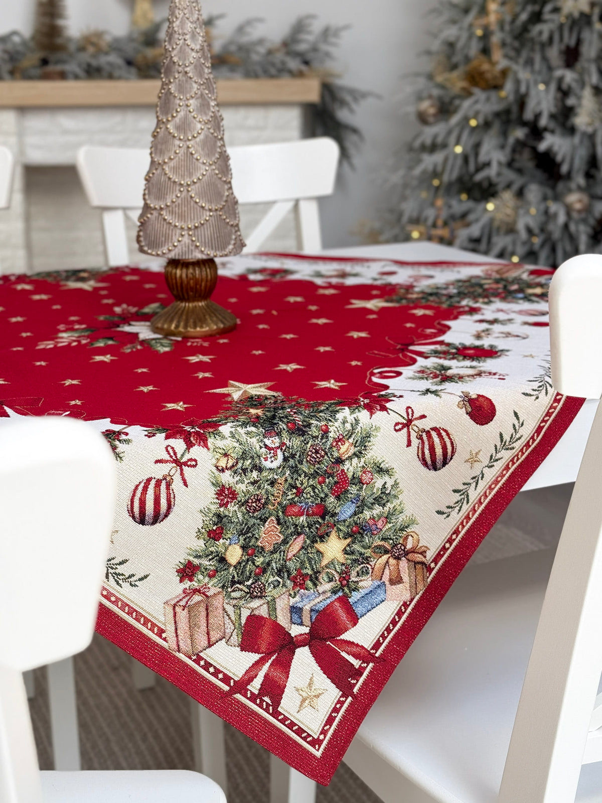 Winter Holiday Tablecloth «Red &amp; Gold» with golden thread - High quality tapestry