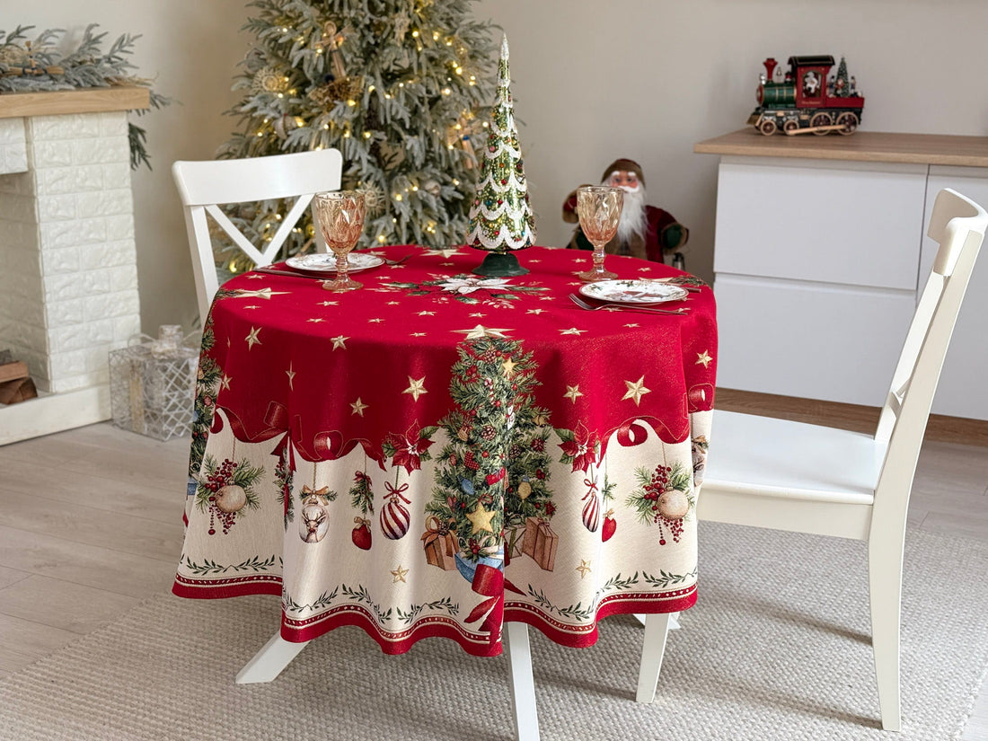 Winter Holiday Round Tablecloth «Red &amp; Gold» with golden thread - High quality tapestry