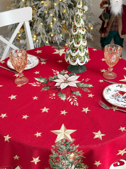 Winter Holiday Round Tablecloth «Red &amp; Gold» with golden thread - High quality tapestry