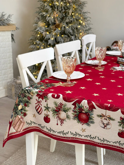 Winter Holiday Tablecloth «Red &amp; Gold» with golden thread - High quality tapestry