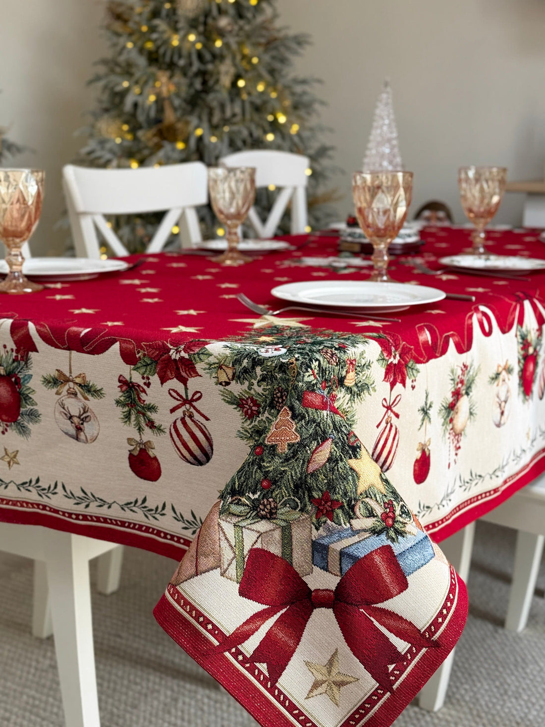 Winter Holiday Tablecloth «Red &amp; Gold» with golden thread - High quality tapestry
