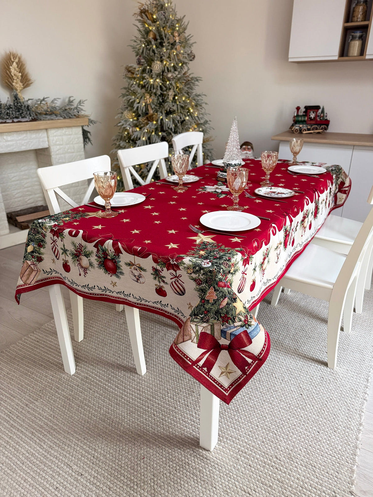 Winter Holiday Tablecloth «Red &amp; Gold» with golden thread - High quality tapestry