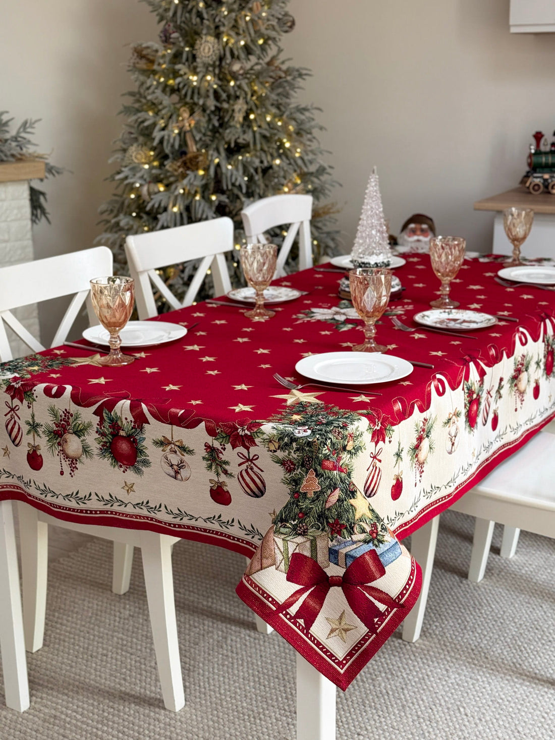 Winter Holiday Tablecloth «Red &amp; Gold» with golden thread - High quality tapestry