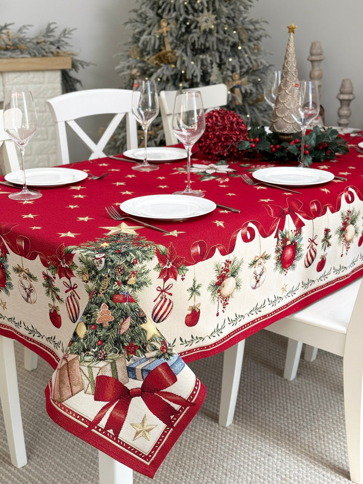 Winter Holiday Tablecloth «Red &amp; Gold» with golden thread - High quality tapestry