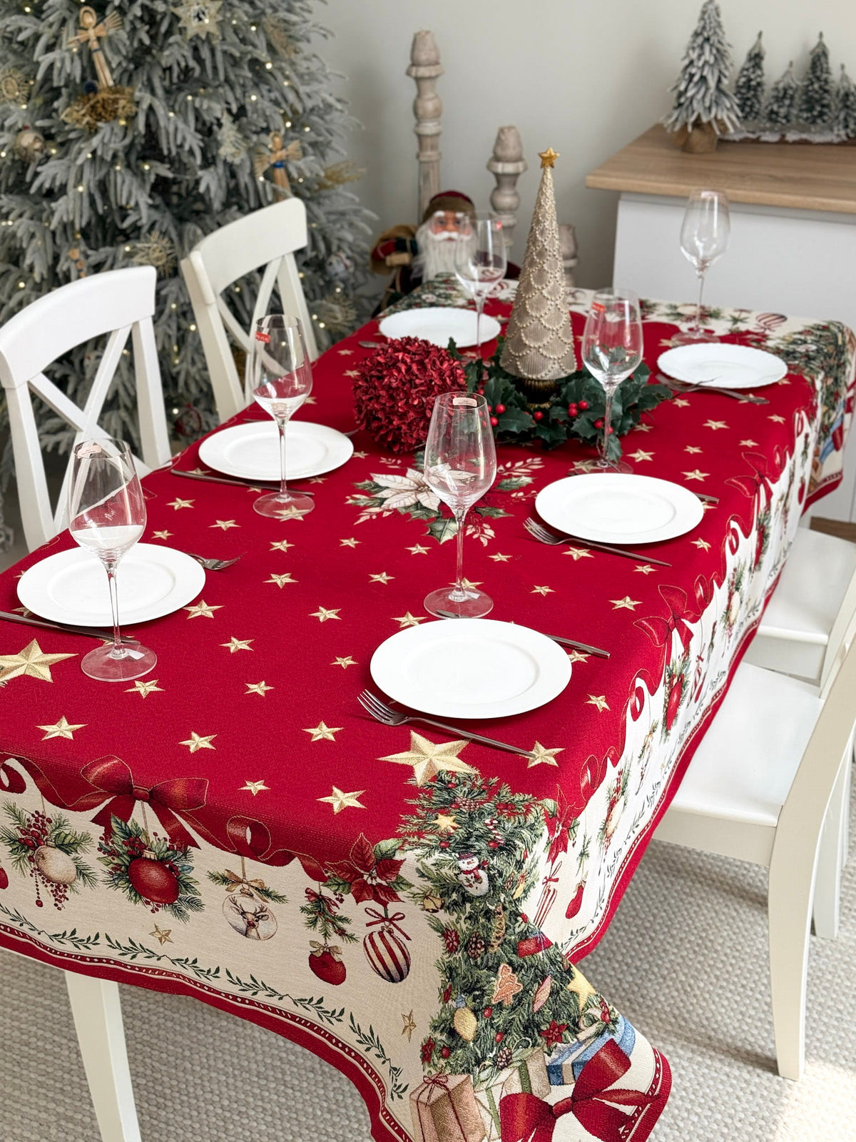 Winter Holiday Tablecloth «Red &amp; Gold» with golden thread - High quality tapestry