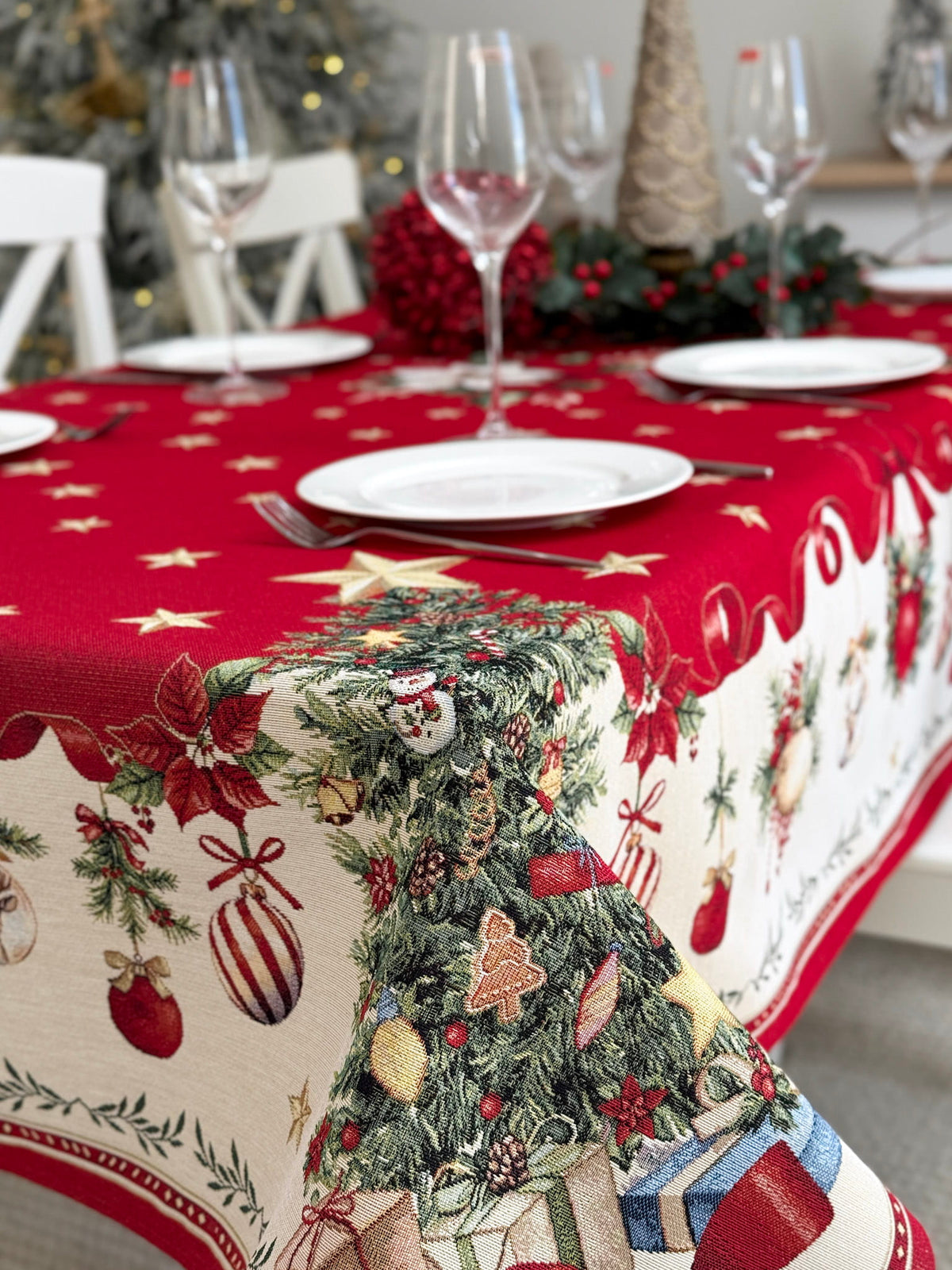 Winter Holiday Tablecloth «Red &amp; Gold» with golden thread - High quality tapestry